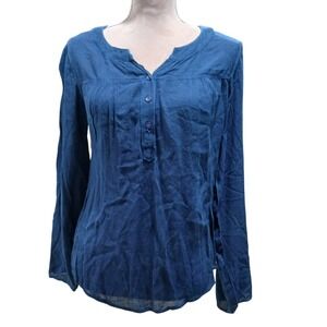 Lapogee Worldover Blue Crochet Lace Back Roll Tab Sleeve Blouse Medium Summer